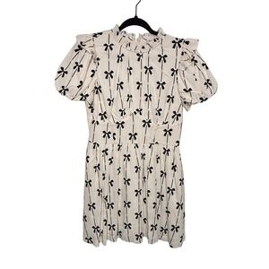 Francesca's Mini Dress Women M Cream Black Bow Coquette NWT Ruffle Puff Sleeve